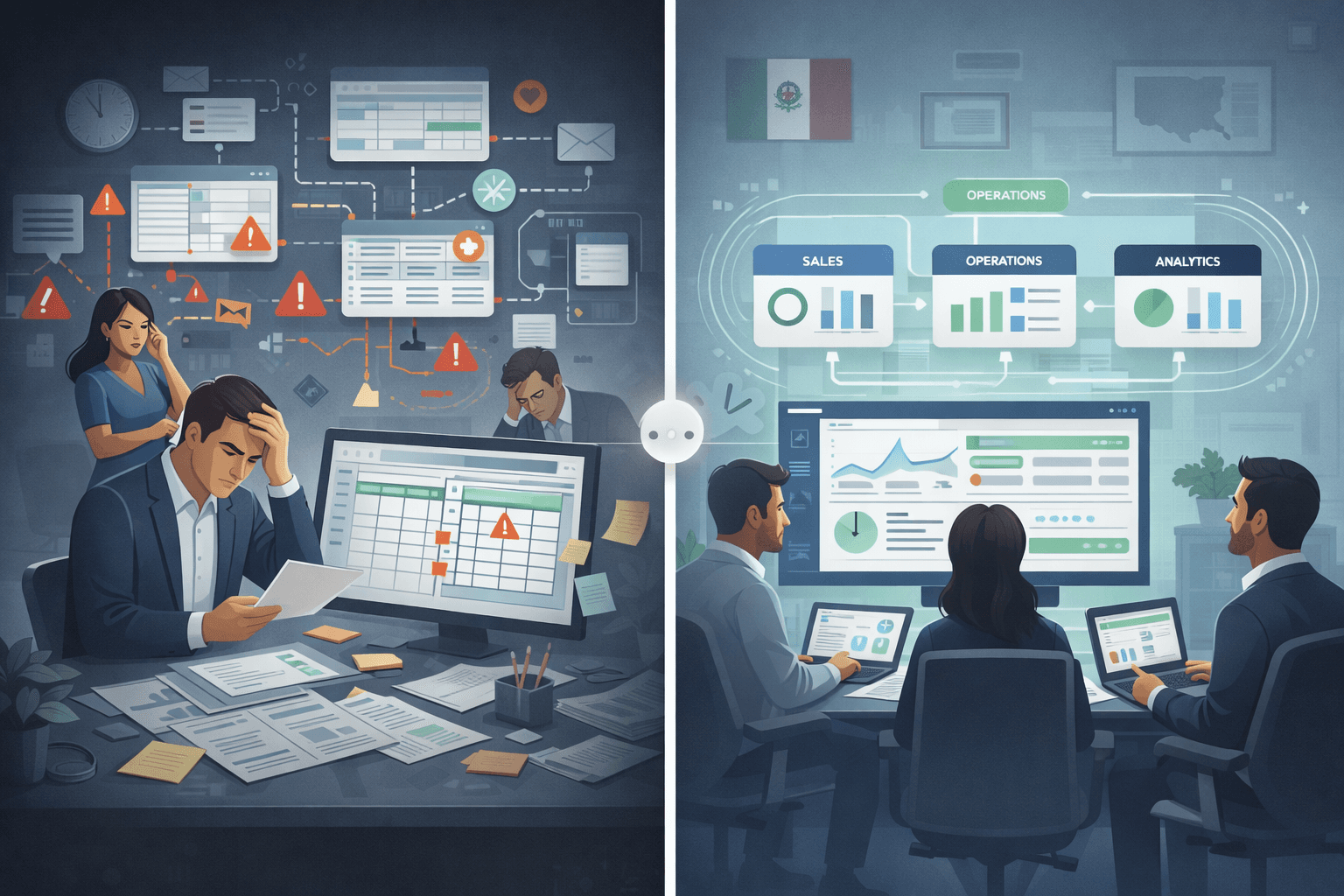 Ilustración que representa la diferencia entre usar Excel y herramientas genéricas frente a un software a la medida para empresas en México.