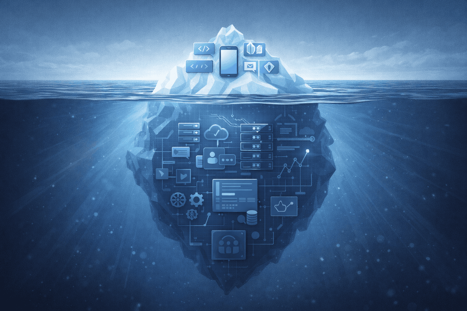 Ilustración conceptual de un iceberg mostrando los costos ocultos y la estrategia detrás del desarrollo de una aplicación móvil más allá del código